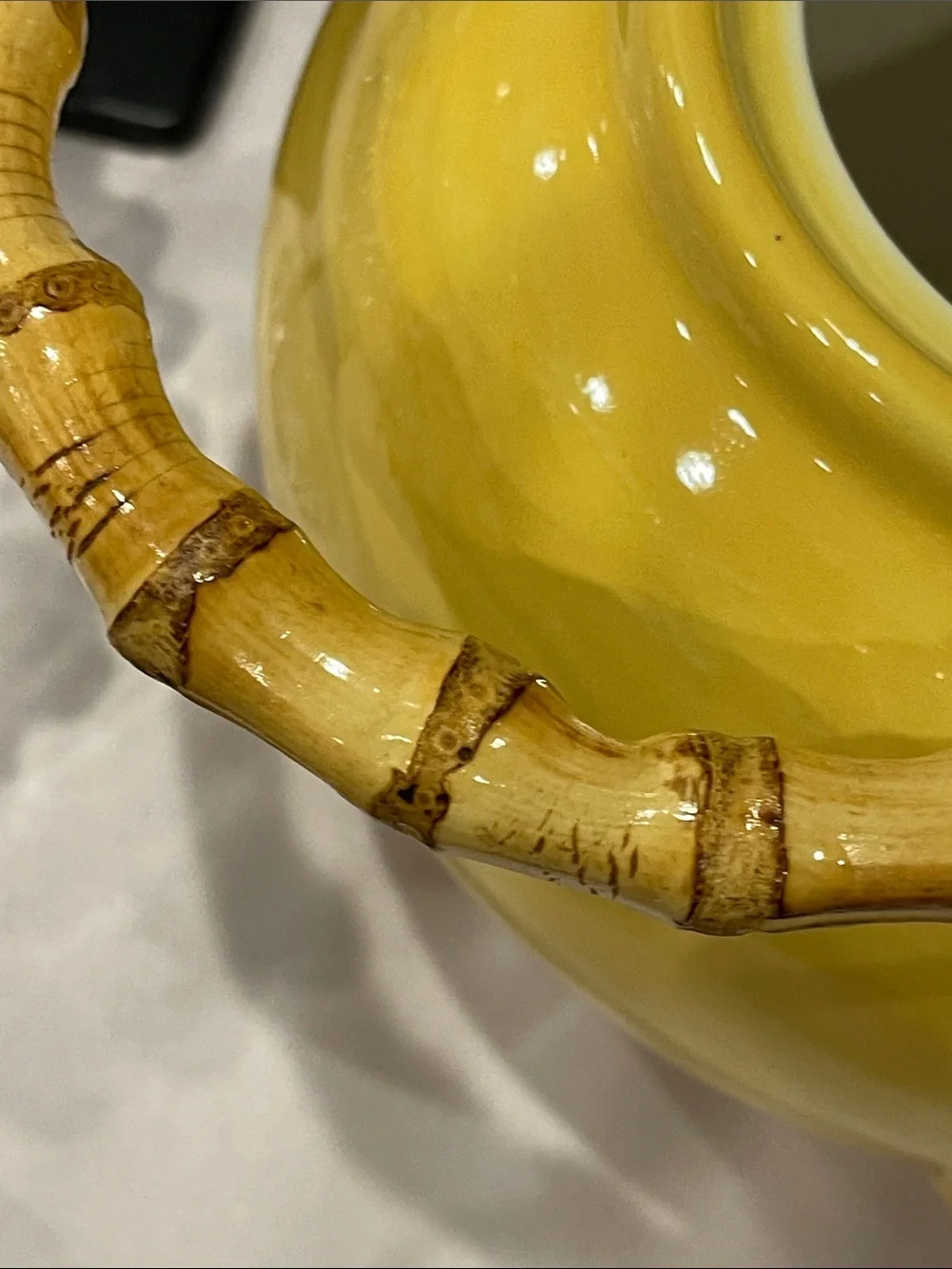 Pottery Barn Sausalito Yellow Ceramic Teapot Bamboo Handle Tea Kettle